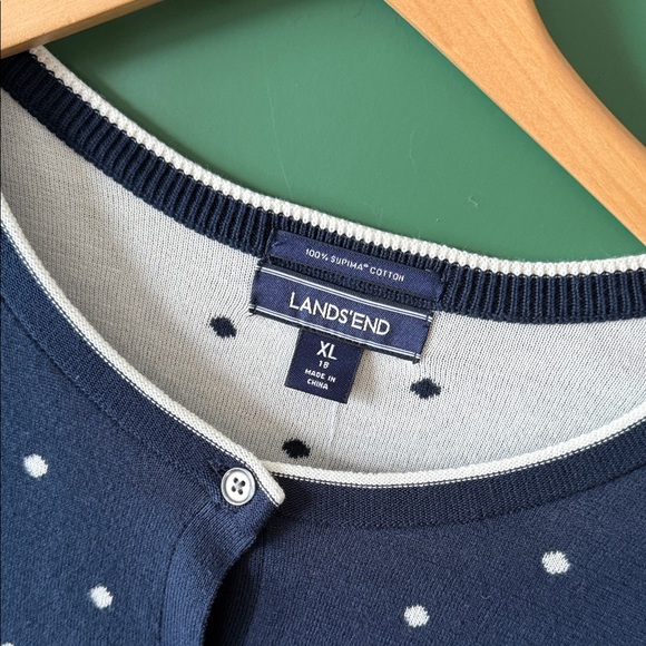 Lands' End Navy & Whit Polka Dot Womens XL 100% Supima Cotton Cardigan NWT - Picture 2 of 9